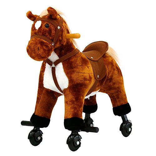 For Children's Day Gift Rocking Horse Birthday Present Kids Girls Boys Walking Pony Ride on Horse Stuffed Animal Rocker Toy Modern Outdoor Wooden Rocking Plush Neigh Sound w/Wheels,Peach Tree