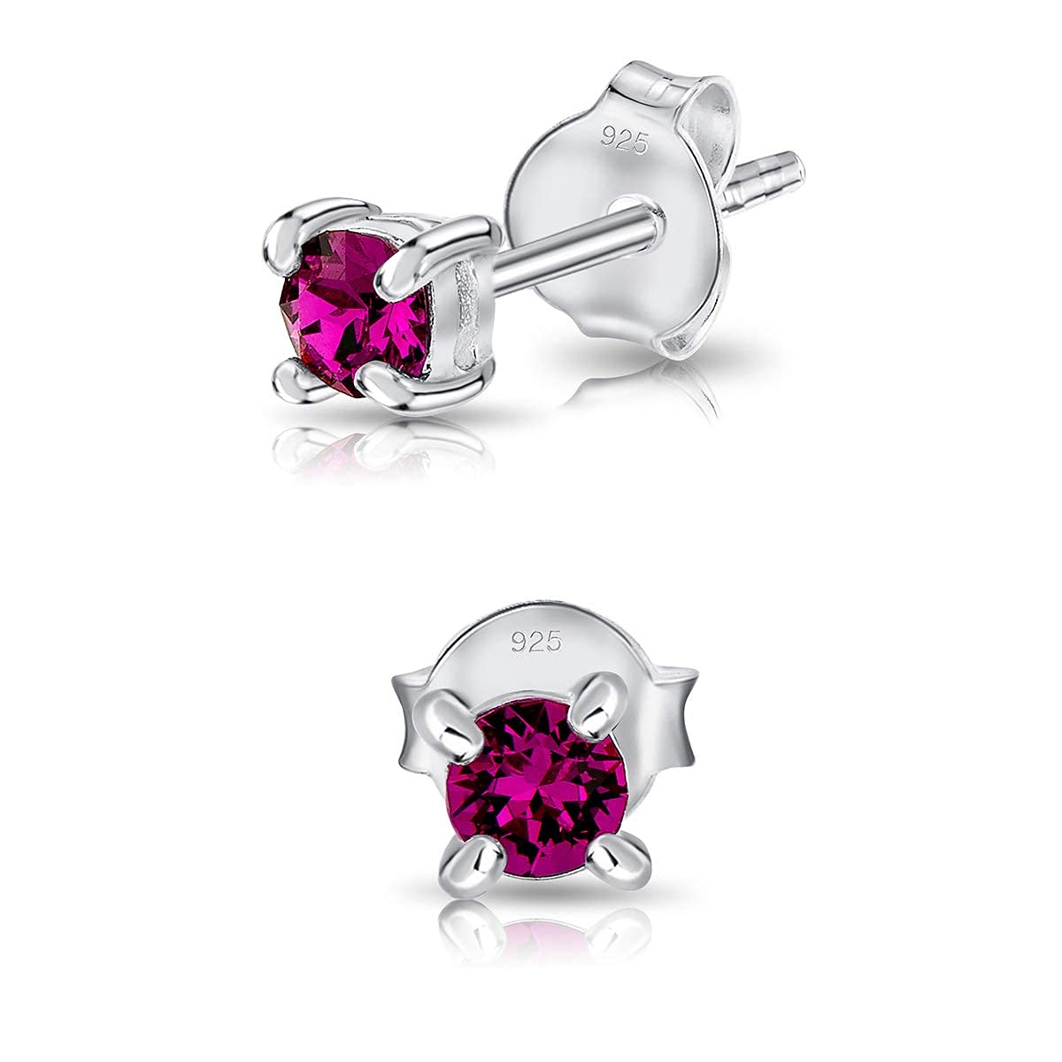 DTPsilver® 925 Sterling Silver Round TINY Stud Earrings made with Glittering Crystals from Swarovski® Elements - Diameter: 3 mm - Colour : Fuchsia