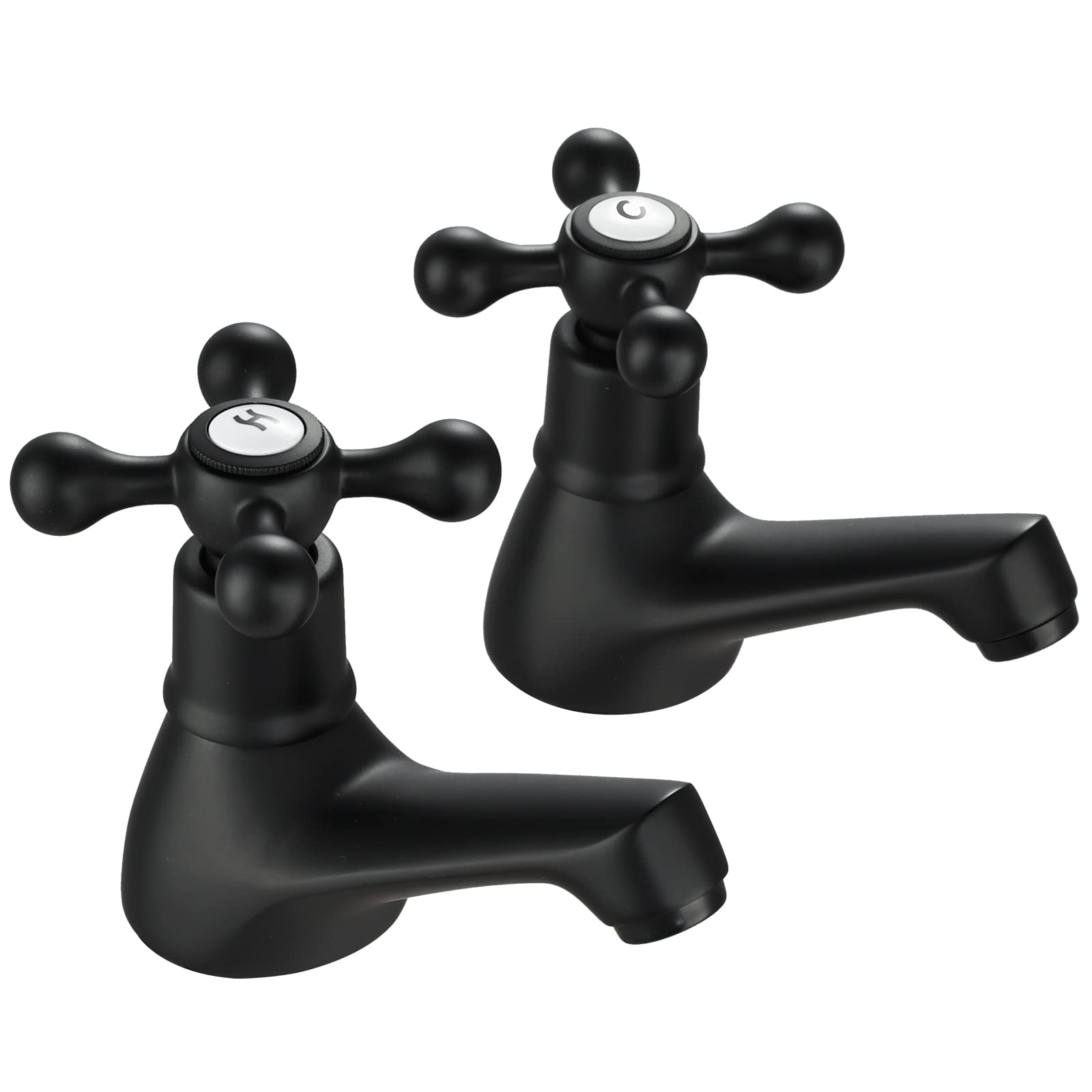Wasserrhythm Basin Pillar Taps Pair Black Victorian Twin Bathroom Sink Tap Traditional Cloakroom Mono Cross Lever Two Holes Hot and Cold Water Faucets
