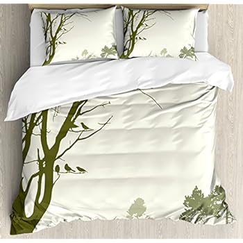 Lunarable Birds Queen Size Duvet Cover Set Monochrome Tree Branch