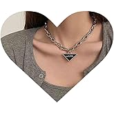Allereyae Vintage Black Triangle Pendant Necklace Initial Choker Necklace Punk Paperclip Chain Necklace Silver Chunky Choker Necklace Jewelry for Women