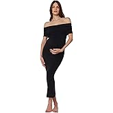 BUMPSUIT Off The Shoulder Maternity Dress for Pregnancy, Stretchy Fabric Foldover Neckline Ladies Long Maternity Maxi Dress