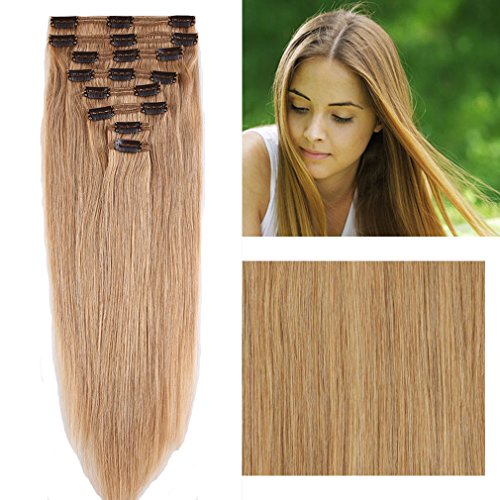 10''-22'' Double Weft Clip in Remy Human Hair Extensions #27 Dark Blonde Grade 7A Quality Full Head Thick Long Soft Silky Straight 8pcs 18clips for Women Beauty 14