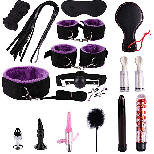 happinesssale Binding Bundled Suit Plush Yoga Purple Nylon 16Pcs/Set Long Fur Warm Winter Gear Sēx Kit Hāndcuff Whip Blindfold SM Cosplay Queen Rëštrâîňtš for Partner Fun Toy Passionate Moment