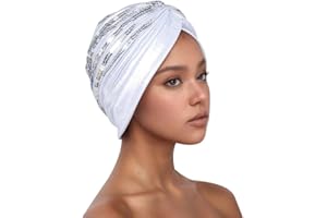 Womens Fashion Sequin Turban Muslim Hijab Bonnet Pleated Headscarf Beanie Chemo Cap Hair Loss African Hat