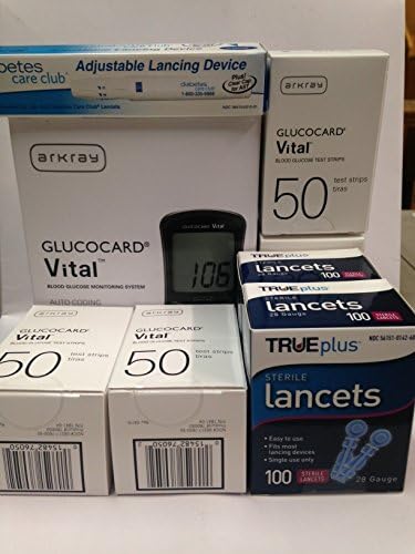 Arkray Glucocard Vital Blood Glucose Monitoring System + 200 Test Strips + 200 TRUEplus Lancets + Free Lancing Device (28 Gauge)