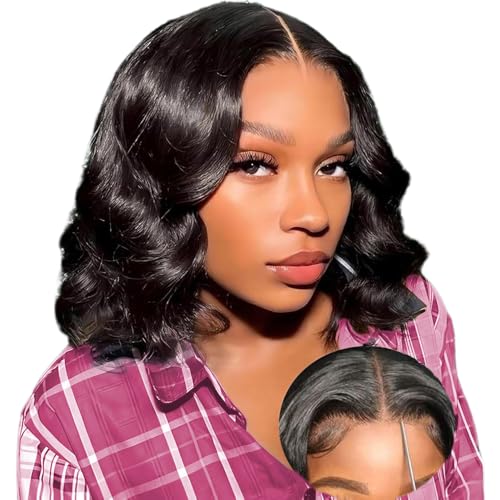 Human Hair Wig Glueless Wear and Go 4x4 Pre Cut Lace Front Body Wave Wig Brazilian Straight Bob Pre Plucked Brazilian Natural Hairline for Women 180% Density 16 inch (40cm)