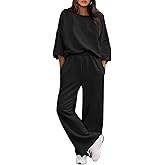 Fisoew Womens 2 Piece Lounge Sets Casual 3/4 Sleeve Tunic Tops Loose Wide Leg Pants Tracksuit Fall Travel Outfits