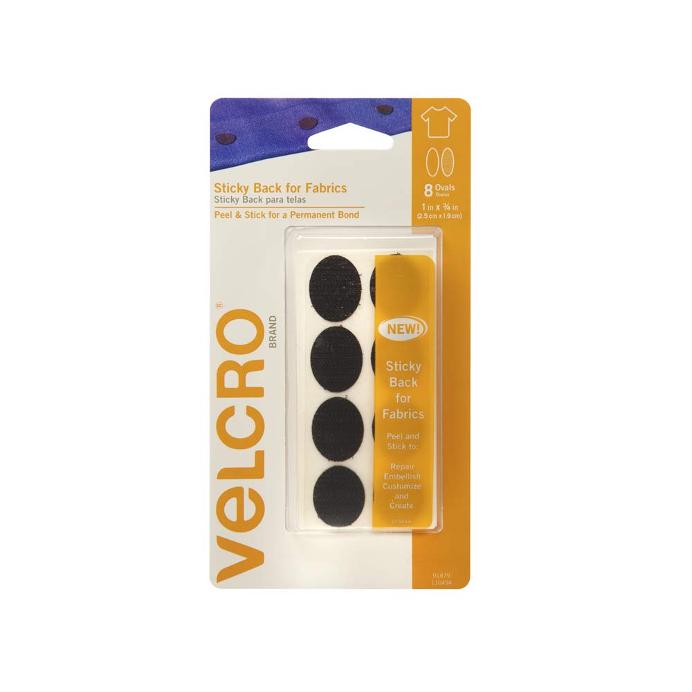 VELCRO Brand for Fabrics | Permanent Sticky Back Fabric Tape for Alterations and Hemming | Peel and Stick - No Sewing, Gluing, or Ironing | Pre-Cut Ovals, 1 x 3/4 inch, Black - 8 Sets,91879