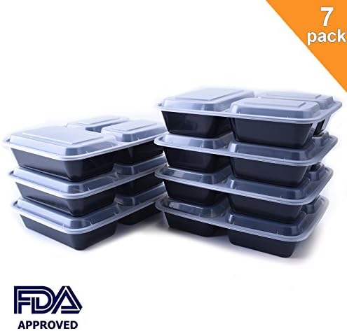 Food Prep Containers, 7-Pack 3 Compartment Bento Box with Lids - Stackable, Reusable, Leak Resistant, Microwaveable &amp; Dishwasher Safe, BPA-Free Portion Control Food Storage Containers (36oz)