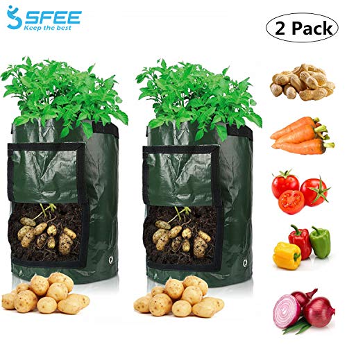 Sfee 2 Pack 7 Gallon Potato Grow Bags, PE Durable Aeration Pots Planters Bag with Handles Access Flap for Garden Melon Farm Vegetable Carrot Onion Tomato Taro Radish Peanut +2 Waterproof Labels