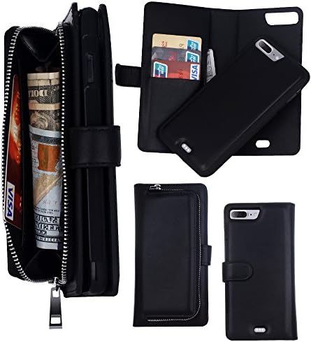 Eloiro iPhone 7 Plus Wallet Purse Case, Protective Leather Cover Multifunctional Magnetic Detachable Flip Holster Carrying Case with Card Holder and Zipper Cash Compartments for iPhone 7Plus Black