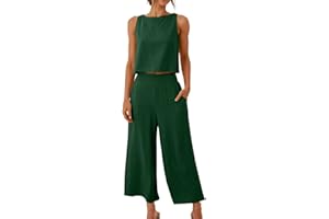 SRIPER Linen Set for Women Summer Outfits Matching Crop Top and Pant Set Tank Wide Leg Lounge Set with Pockets