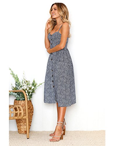 Salimdy Women's Sundress with Pockets Spaghetti Strap Floral Print Casual Midi Dress Beach Wear Navy Blue S