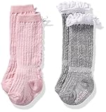 Robeez Baby Girls' 2pk Boot Socks, Cotton and Spandex Blend with Non Skid Application, Cable Knit-Pink/Grey, 0-6 Months