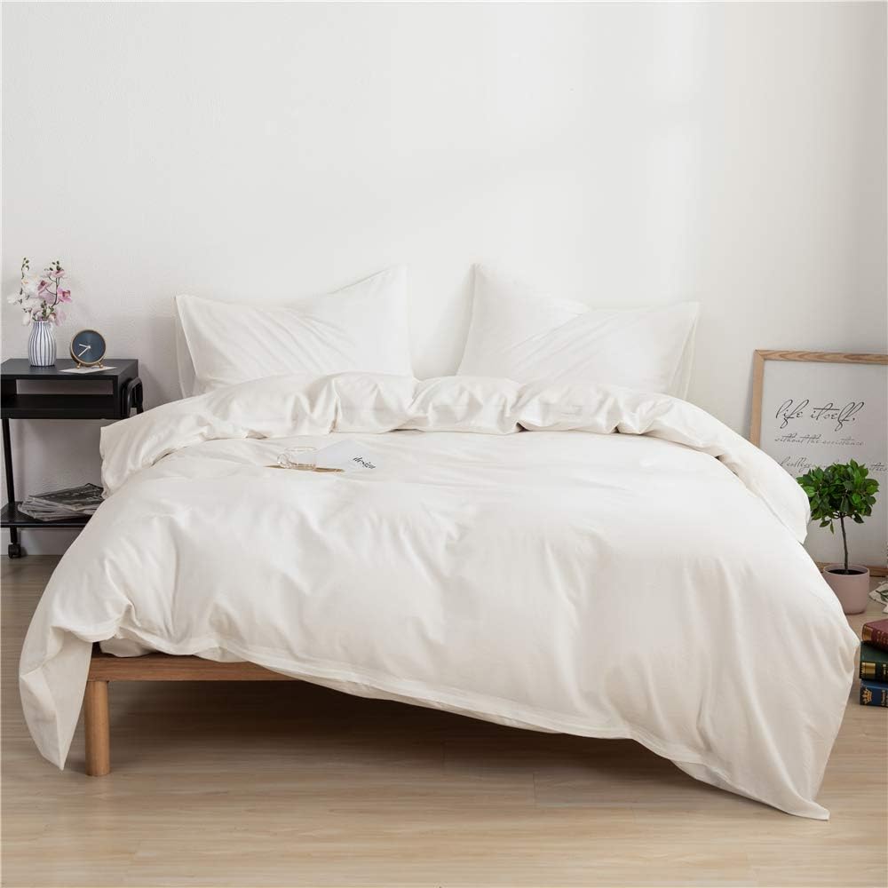 Queen White Duvet Cover Washed Brushed Microfiber Off White Duvet Cover Set Full Queen 3pc White Bedding Set with Zipper Closure Ultra Soft Comfy