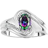 Rylos Designer Swirl Style Ring Sterling Silver 925 : 7X5MM Oval Gemstone & Diamond Accent - Birthstone Jewelry for Women - Available in Sizes 5-10.