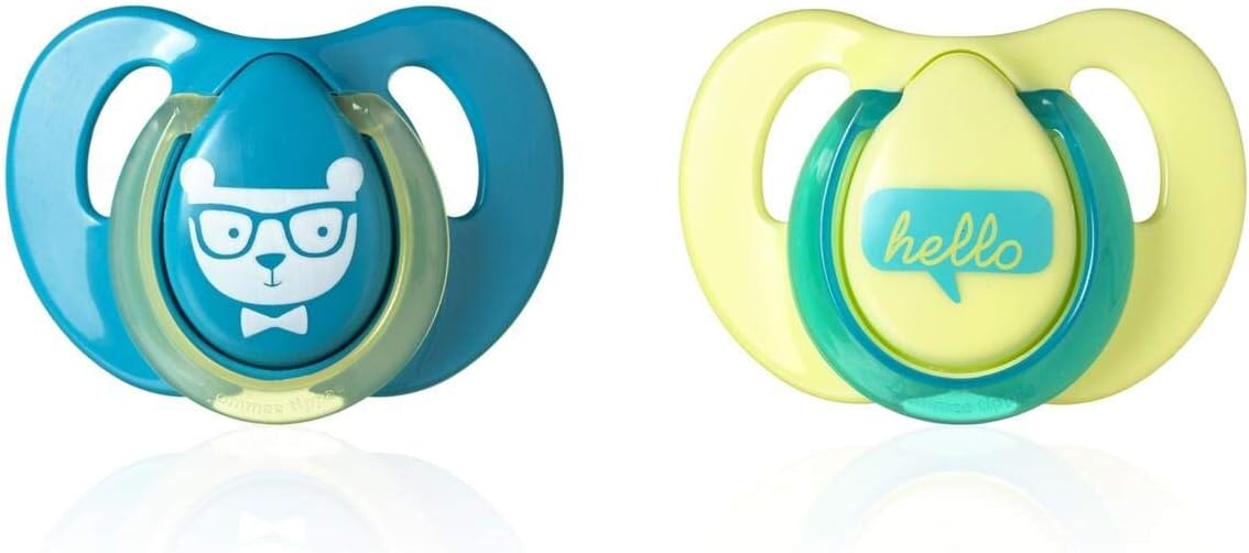 Essentials Latex Decorated Cherry Soother Twin Pack: 6-18m Hello (Blue/Green)