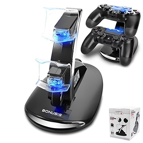 Bonusis® PS4 Controller Fast Charge Station -Dual USB Simultaneous Charger Dual Charging Dock Cradle Stand Accessory for Sony Playstation 4 Gaming Control with LED Indicator + Micro Cable (Black)