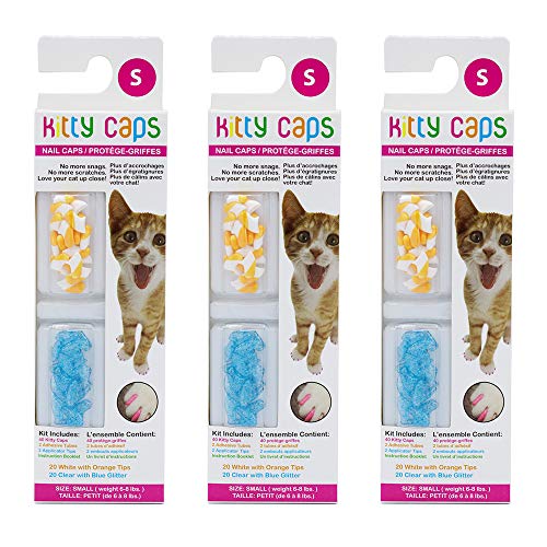 kitty caps tapas de uñas para gatos | blanco / naranja y transparente / azul con purpurina, 40 unidades, pequeño, paquete de 3 | alternativa segura, elegante y humana a las garras | tapas de uñas de gato, topes y arañazos