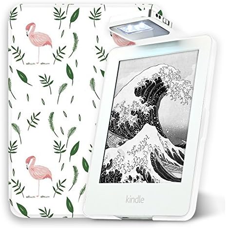 Young Me All New Kindle E-reader Rechargeable Led Light and Auto Wake/Sleep and Hand Strap Leather Cover/Case for Kindle 2016 6 inch 8th generation( Not Fit Kindle Paperwhite) Flamingo