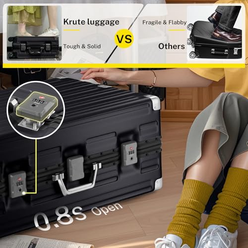 Krute Luggage PC+ABS Aluminum Frame Zipperless Checked Luggage Lightweight Hardshell Large Suitcase with TSA Lock Spinner Wheels 28 Inch Black