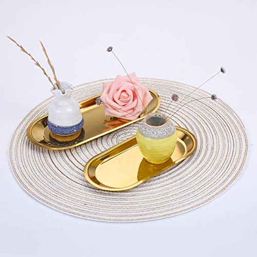 AJIEVWU Decorative Metal Tray Stainless Steel Towel Tray Metal Storage Organizer Trays for Bathroom Vanity Countertops Dressers Dish Plate Tea Fruit Trays Cosmetics Jewelry Oval Tray 2PCS (Gold)