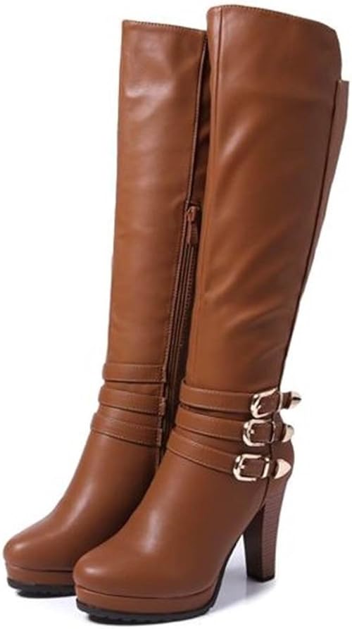 Amazon World Factory ロングブーツ 茶色 フェイクレザー 10cm ヒール サイドジップ ラウンド 膝丈 ベルト付き ブリティッシュ ブーツ 秋冬 36 World Factory ブーツ ブーティ