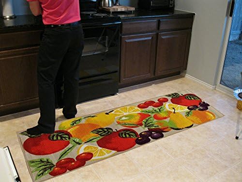 Non Slip Doormat for kitchen, Thin Plushy softness underfoot Italian Inspired Chef Design Fashion Rubber Back, Mixed Furit, apple, Peach, Cherry, Grape