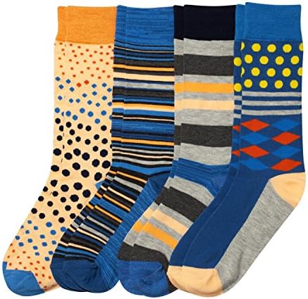 Basic/Outfitters Mens 4 Pack Bright Fashion Dress Socks (Blue/Yellow Scattered Dots/Stripes)