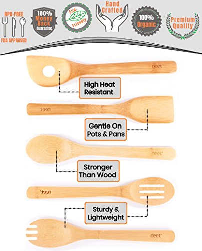 Organic Bamboo Cooking Utensils Set, Unique Elevation Feature, 6 Piece Set, Wooden Spoons Spatula, Kitchen Utensil Set, High Heat Resistant, Wood Serving Spoon, Eco-Friendly & Biodegradable Gift Idea