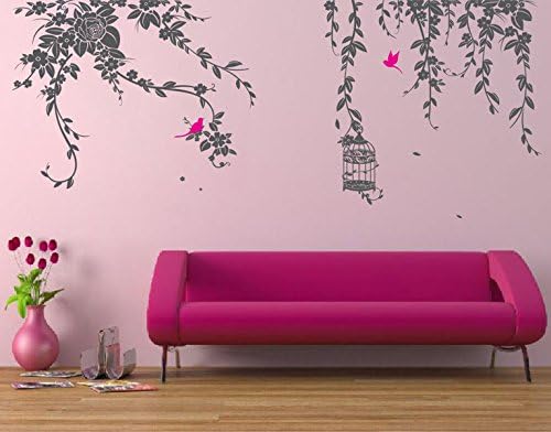 Pop Decors PT-0178-Vc Beautiful Wall Decal, Elegant Leaves/Bird Cage with Flying Birds