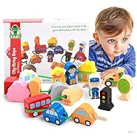 Newraturner Lacing Vehicles Toy Wooden Block Set, Early Educational Toys String & Lacing Beads Games for Toddlers Kids City Cars Learning Play Set (16 Pieces)