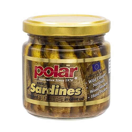 MW Polar Smoked Brisling Sardines in Olive Oil in glass Jar, Wild