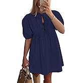 AGTCARE Womens Casual Dresses Short Puff Sleeve A-Line Mini Dress with Hidden Buttons for Summer