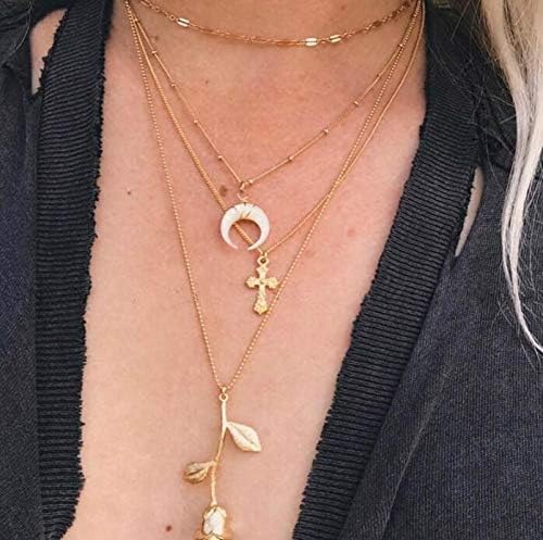 Anglacesmade Bohemia Layered Choker Necklace Moon Necklace Gold Cross Necklace Rose Pendant Necklace for Women and Girls