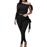 WUYLT Sexy Two Piece Outfits For Women Off Shoulder Tops Flared Bodycon Pants Sets