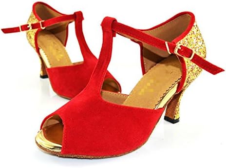 Dance Shoes Women Sandals Glitter Salsa Latin Samba Tango Ballroom High Heel Leather Suede Soft Soles T-Strap Buckle Red