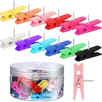 36 Pieces Wooden Clips Push Pins Clips Pushpin Tacks Wooden Crafts Pins for Cork Boards Crafts Arts Projects Photo Supplies (Color Set 2)