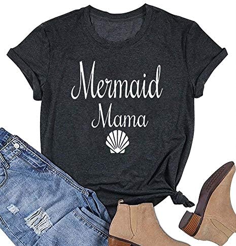 MOMOER Mama Shirt for Women Mermaid Mama Short Sleeve T-Shirt Cute Shell Graphic Print Casual Funny Mom Tops Tees