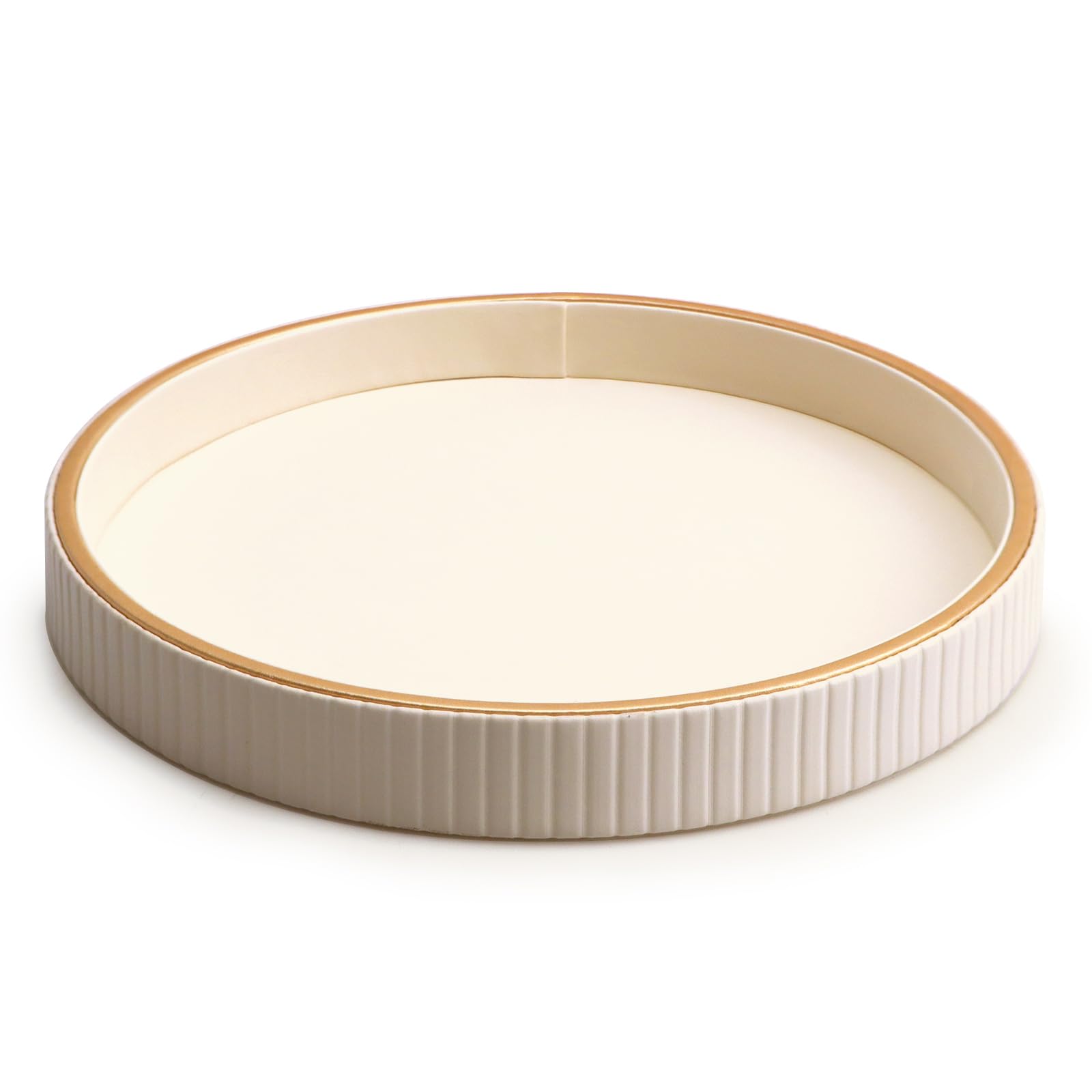 SANZIE Leather Desktop Storage Organizer Premium Serving Tray for Sundries, Cosmetics, Phone, Wallet, Cutlery - Decorative Valet Tray (White Disc)