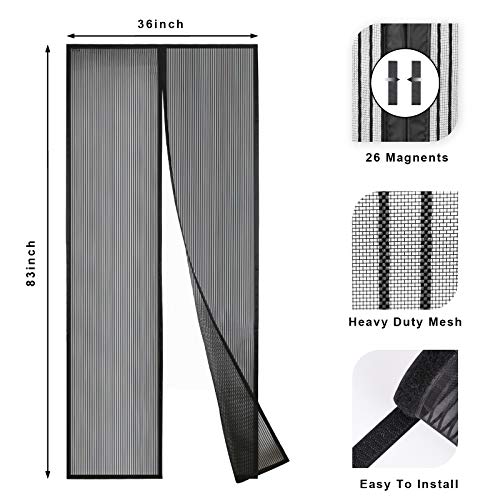 MUANNA Magnetic Screen Door - Ultra Strong Heavy Duty Mesh with Magnets - Hands Free, Self Magnetic Seal, Keeps Bugs Out, Pet and Kid Friendly - Fits Door Size Up to W 34\'\' x H82\'\', Black