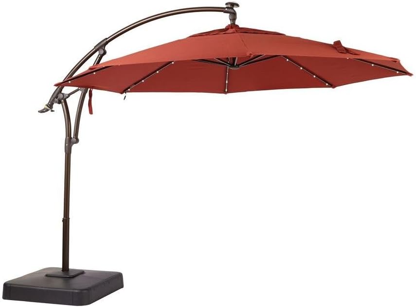 Hampton Bay 11 ft. LED Offset Outdoor Patio Umbrella With Base in Sunbrella Henna (YJAF-052L-C)