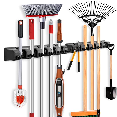 ibell Pack of 2 Broom Holder Wall, Tool Holder Wall Mount with 10 Holders and 12 Hooks, Broom Holder, Tool Holder, Garden Tool Holder, Organiser for Home, Kitchen, Bathroom, Garage, Garden