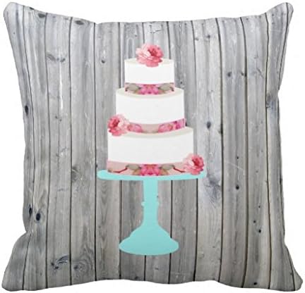 Cute Pink Floral Wedding Cake Teal Stand Wood Throw Pillow Case 18" 18"