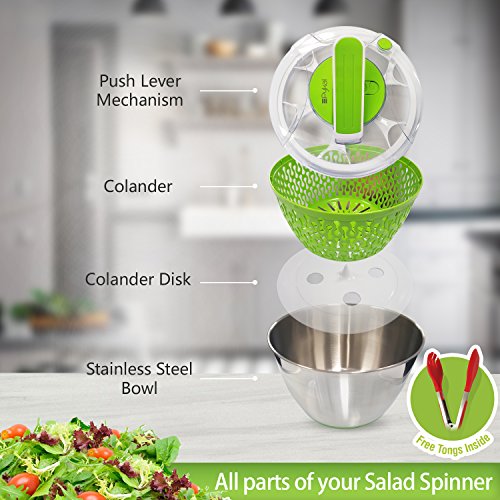 Large Stainless Steel Salads Spinner Lettuce Dryer with FREE Tongs