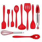 iLOME Silicone Spatula Utensil Set Heat-Resistant Non-Stick Cooking Baking Utensils with Hygienic Solid Coating Spatula Set 10 Pieces(Red)