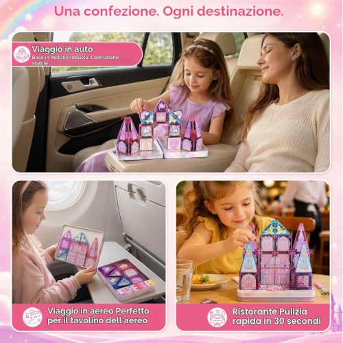 YOGOHEE Magnetic Travel Bricks for Girls: 42 Pieces Princess and Unicorn Tiles in Portable Metal Box as Mobile Building Platform for Car, Plane, Train, Toy