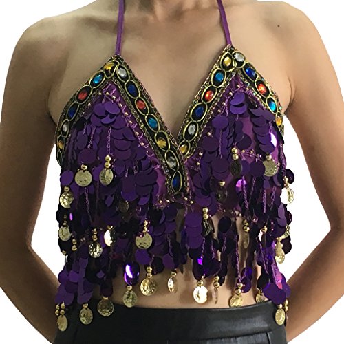 Wuchieal Sequin Halter Bra Top Salsa Belly Dance Boho Festival Clubbing Tribal Bra BH Top (One Size, Purple with Colorful Beads)