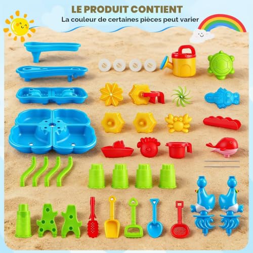 4 Tier Water Table for Children, 4 in 1 Water Games and Outdoor Sand with Accessories (Incl. Sand Mould, Shovel, Watering Can, Activity), Educational Activity Table for Boys and Girls Aged 3+